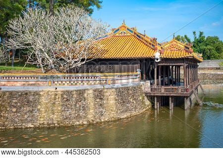 Hue, Vietnam - November 22, 2019: The Tu Duc Imperial Mausoleum Architectures And Lake