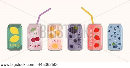 Set Of Soft Drinks In Aluminum Cans With Soda And Lemonade, Straws. Carbonated Non-alcoholic Water W