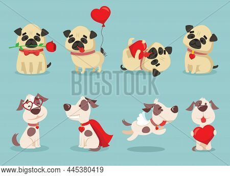 Vector Illustration Set Of Cute And Funny Cartoon Little Valentine Dogs-pupies In Love With Heart, R