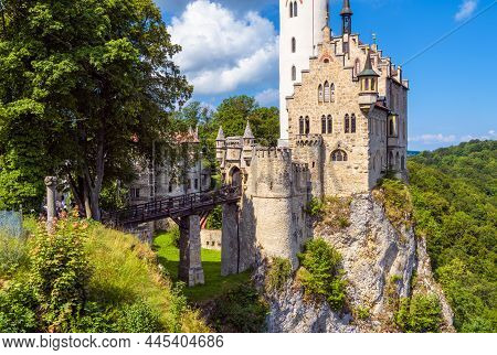 Lichtenstein Castle On Mountain Top, Germany, Europe. This Famous Castle Is Landmark Of Schwarzwald,