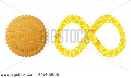 Golden Collage Of Yellow Parts For Curve Infinity Icon, And Golden Metallic Unlimited Sex Badge. Cur