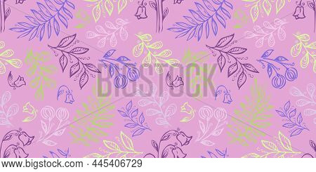 Spring Seamless Pattern. Floral Elements In Doodle Style. Pink Background. Watercolor Tropical Leave
