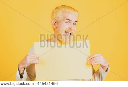 Season Sales. Man Holding Empty Placard Board For Media Banner. Area For Advertising. Man Holding Bl