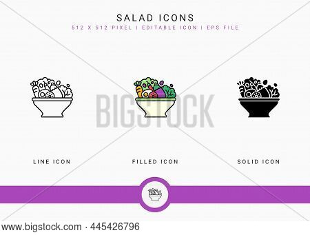 Salad Icons Set Vector Illustration With Solid Icon Line Style. Healthy Vegan Ingredients Concept. E