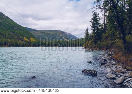 Picturesque View At Kucherla Blue Mountain River And Mountain Forest. Turqouise Water Of A Glacier L