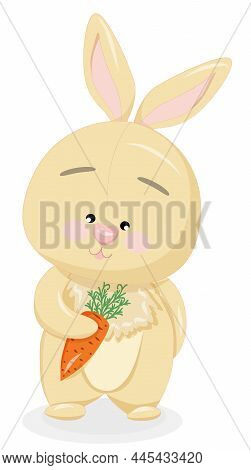 Cartoon Happy Beige Rabbit Standing And Holding A Carrot