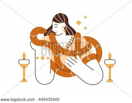 Witch And Magic Snake. Clairvoyant With Candles During Mystic Esoteric Witchcraft. Wizard Woman And 