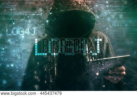 Hooded Computer Hacker In Cybersecurity Vulnerability Log4j Concept With Digital Glitch Effect