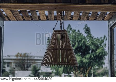 Open View Look Through Wooden Boards Window. Village Street Green Summer Background Sky. Beauty Unus