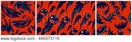 Scary Horror Monsters Seamless Vector Textile Pattern Set, Beasts Creatures Endless Wallpaper, Styli