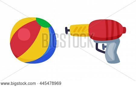 Ball And Water Pistol As Colorful Kids Toy Vector Set