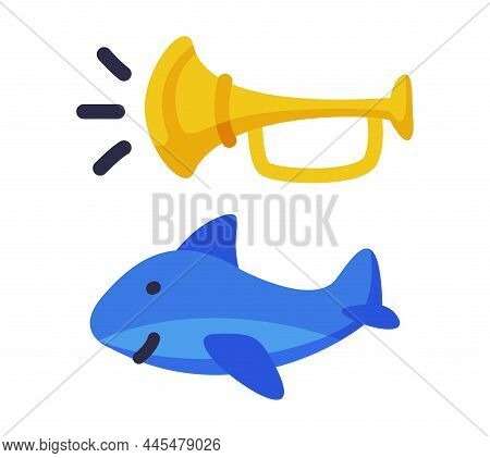 Trumpet And Blue Shark As Colorful Kids Toy Vector Set