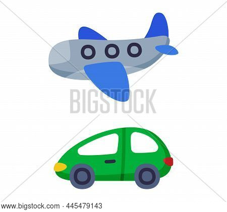 Green Car And Plane As Colorful Kids Toy Vector Set