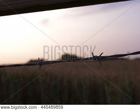 Sunset Background And Barbed Wire Fence Silhouette