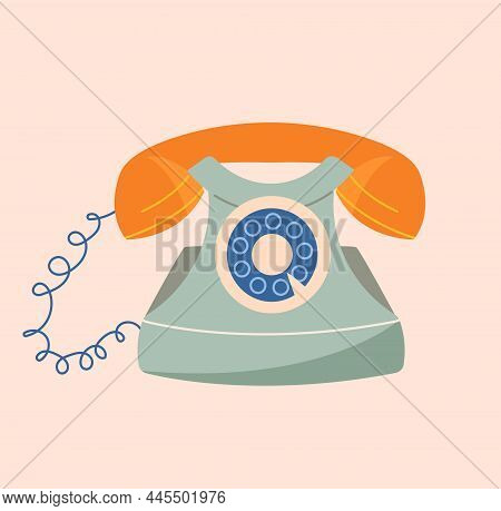 Old Landline Phone Concept. Sticker With Desktop Phone With Removable Handset For Conversation. Equi