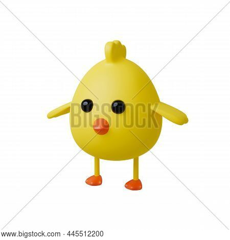 Cute Yellow Easter Baby Chicken Stylized Cartoon 3d Render Illustration. Funny Little Chick Bird Cha