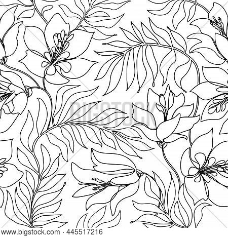 Floral Pattern. Flower And Leaves Seamless Line Art Drawn Background. Flourish Ornamental Garden Wal