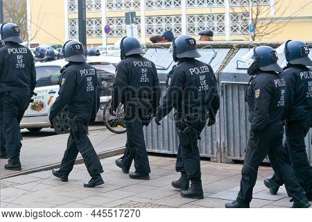 Magdeburg, Germany - January 08, 2022: Police Security Forces During Protests By Opponents Of The Co