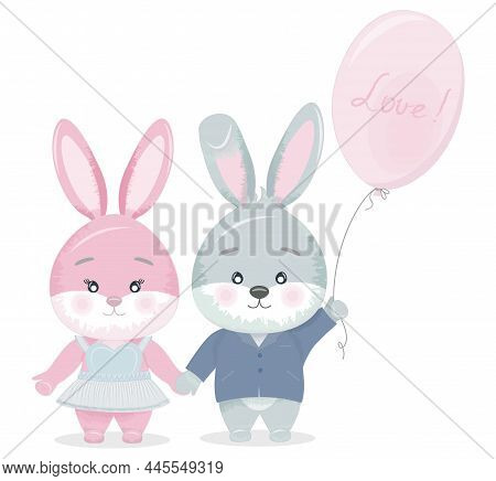 A Pair Of Cartoon Bunnies In Clothes Are Holding Hands. The Blue Bunny Is Holding A Ball. The Blue B