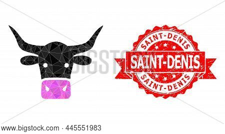 Lowpoly Triangulated Beef Head Icon Illustration, And Saint-denis Rubber Stamp. Red Stamp Seal Has S