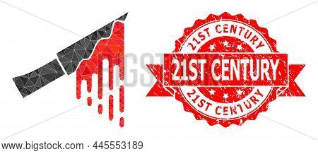 Low-poly Triangulated Bloody Knife Icon Illustration, And 21st Century Corroded Watermark. Red Stamp