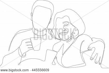 Continuous One Line Drawing Of Senior Couple. Elderly People Hug Together. Old People In Love. Man A