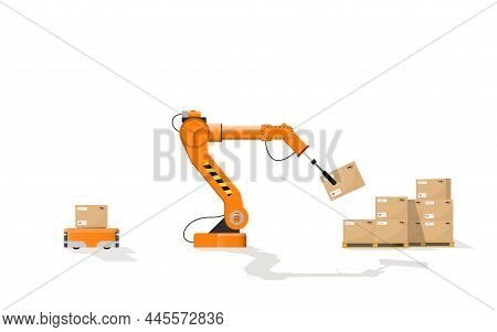 The Robot Arm Picks Up The Box From The Robotic Trolley And Stacks It On Pallets. Warehouse Automati