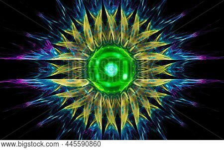 Abstract Illustration Of A Computer Generated Fantastic Flower Of Various Shapes And Shades On A Bla