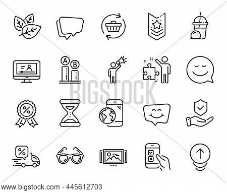 Vector Set Of Mobile Internet, Speech Bubble And Discount Medal Line Icons Set. Ab Testing, Strategy