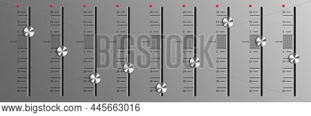 Slider, Sound Mixer, Volume Level, Channel Balance Knobs. Console Or Dj Panel With Switchers, Equali