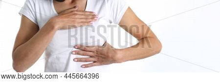 Young Woman Will Feel Pain In Chest Area. Breast Self-examination Concept