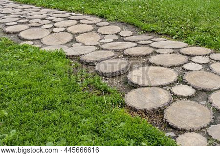 The Path Is Laid Out Of Round Sections Of Wood. High Quality Photo, Paths In The Park From Sawn Wood