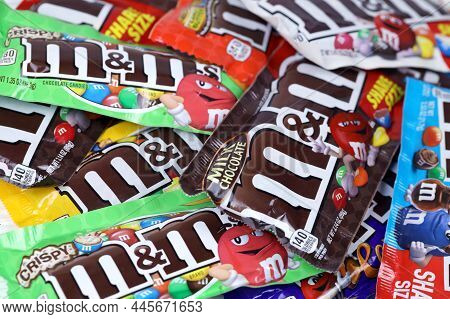 Kharkov, Ukraine - March 15, 2021: M M's Chocolate Candies Packs With Various Tastes And Design. M M