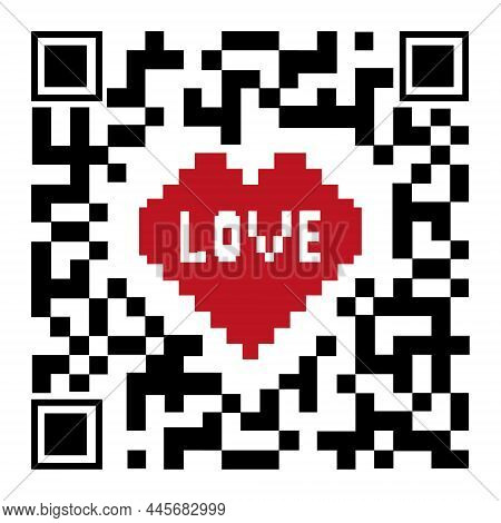 Decorative Qr Code With A Heart, Color Vector Illustration On A White Background.
