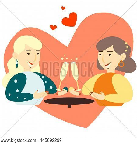 Illustration Of Girls In Love At A Table In A Restaurant With Glasses. Date Of Young Girls. Girls Dr