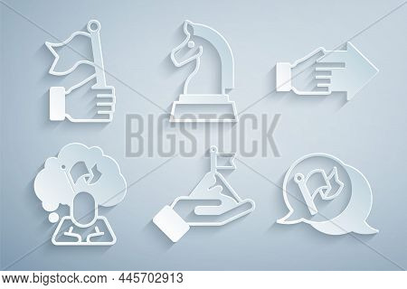 Set Mountains With Flag, Hand Pointing Finger, Man Holding, Flag, Chess And Icon. Vector