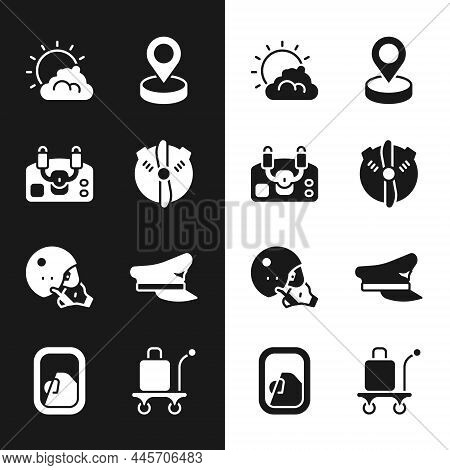 Set Plane Propeller, Aircraft Steering Helm, Sun And Cloud Weather, Location, Modern Pilot Helmet, P