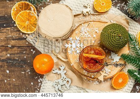 Orange Marmalade Or Orange Jam In Glass Jars. Sweet Confiture With Festive Christmas Decor