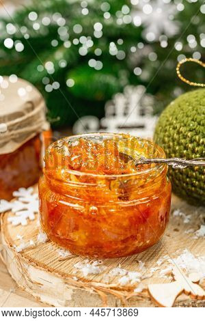 Orange Marmalade Or Orange Jam In Glass Jars. Sweet Confiture With Festive Christmas Decor