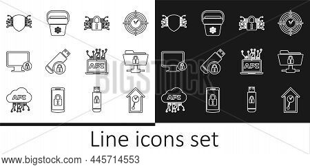 Set Line Retro Wall Watch, Ftp Folder And Lock, Cyber Security, Usb Flash Drive With, Lock On Monito
