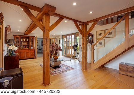 Abbotsley, Cambridgeshire - 24 July 2018: Entrance Reception Hall Within Home Converted From An Old 