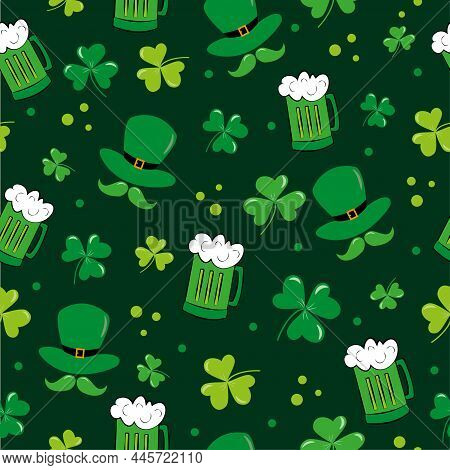 Seamless Pattern For St. Patrick's Day. Leprechaun Hat, Mustache, Beer Mug And Clover Leaf On Darkgr