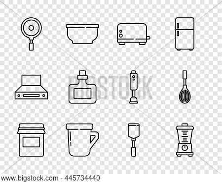 Set Line Jam Jar, Blender, Toaster, Coffee Cup, Frying Pan, Sauce Bottle, Spatula And Kitchen Whisk 