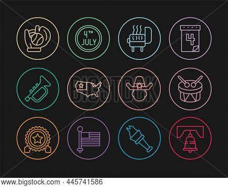 Set Line Liberty Bell In Philadelphia, Drum And Drum Sticks, Barbecue Grill, Usa Map, Trumpet, Baseb