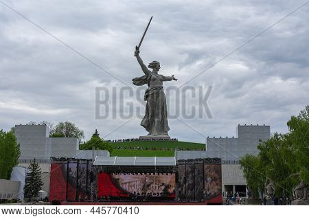 Russia, May 9, 2021, The City Of Volgograd, A View Of The Motherland Sculpture Standing In Volgograd