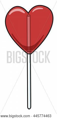 Heart Shaped Red Sweet Lollipop Hard Candy On A Stick. Cute Romantic Valentines Day Doodle Cartoon H