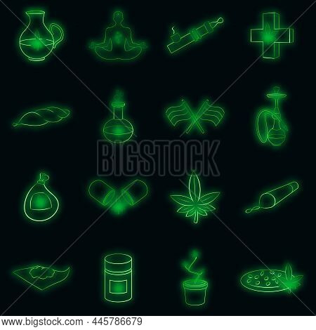 Medical Marijuana Icons Set In Neon Style. Cannabis Theme Set Collection Vector Illustration