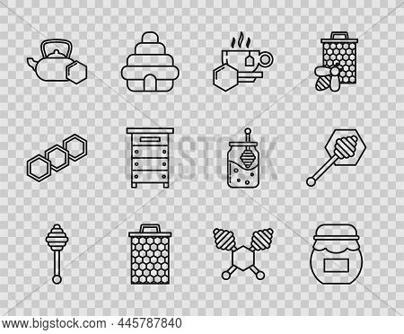 Set Line Honey Dipper Stick, Jar Of Honey, Cup Tea With, Honeycomb, Tea Kettle, Hive For Bees, And I