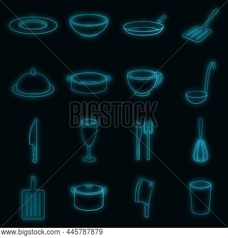 Basic Dishes Icons Set. Illustration Of 16 Basic Dishes Vector Icons Neon Color On Black