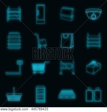 Supermarket Icons Set. Illustration Of 16 Supermarket Vector Icons Neon Color On Black